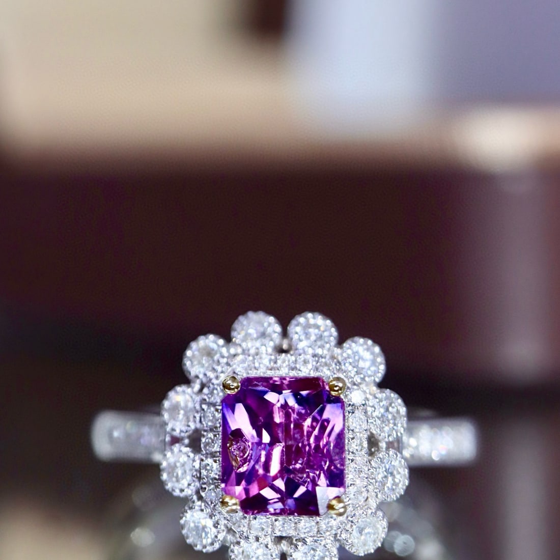 14k Gold 1.07 Ctw Natural Sapphire & Diamond Ring: Ref:231020199 // gold content:14k gold // ring size:7. 25us // // main gemstone:sapphire // shape:octagonal // carat weight:0. 8ct // color:purple // treatment:natural // // adjacent gemstone 2 :