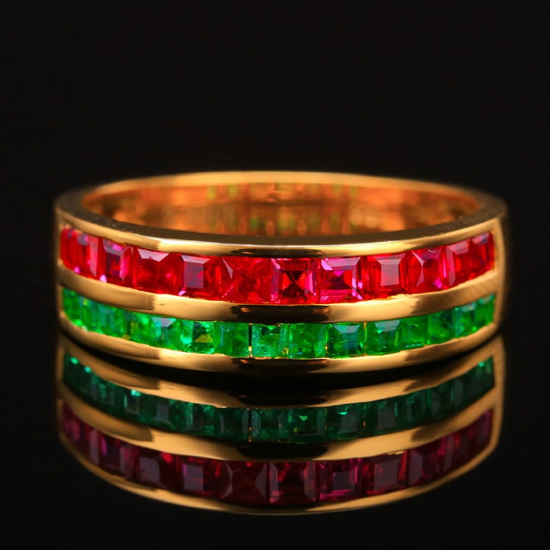 14k Gold 2.3 Ct Natural Ruby & Emerald Ring: Ref:231020205 // gold content:14k gold // ring size:7. 25us // // main gemstone:ruby & emerald // shape:square // carat weight:2. 3ct // color:color // treatment:natural // High Estimate: 3300 Low