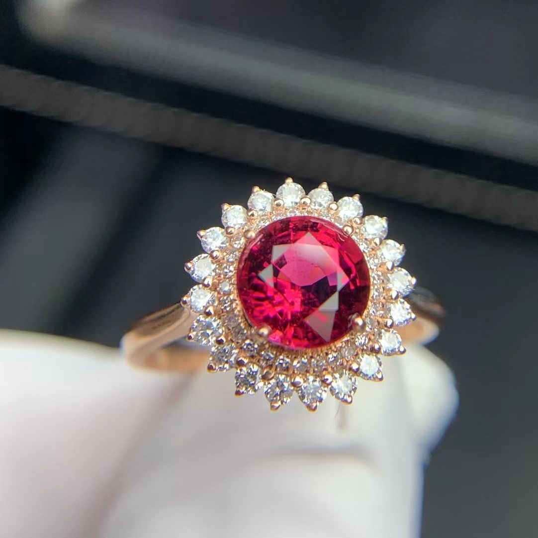 14k Gold 1.4 Ct Natural Tourmaline & Diamond Ring: Ref:231020212 // gold content:14k gold // ring size:7. 25us // // main gemstone:tourmaline // shape:round // carat weight:1. 4ct // color:red // treatment:natural // cut grade:g // // adjacent gemston