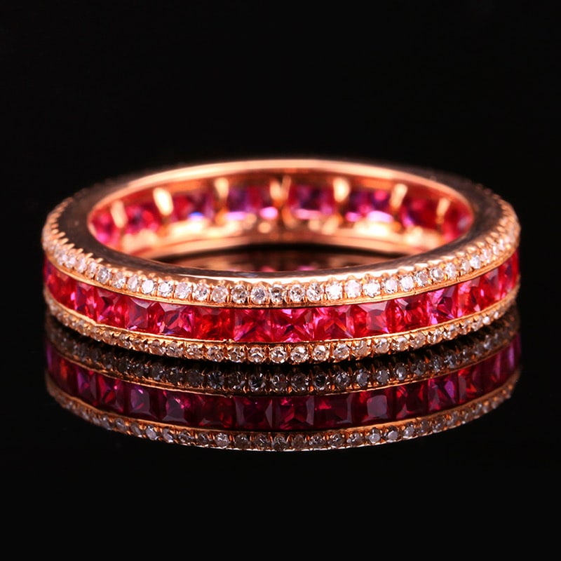 14k Gold 1.49 Ctw Natural Ruby & Diamond Ring: Ref:231020221 // gold content:14k gold // ring size:7. 25us // // main gemstone:ruby // shape:princess // carat weight:1. 05ct // color:red // treatment:natural // // adjacent gemstone 2 : diamond //