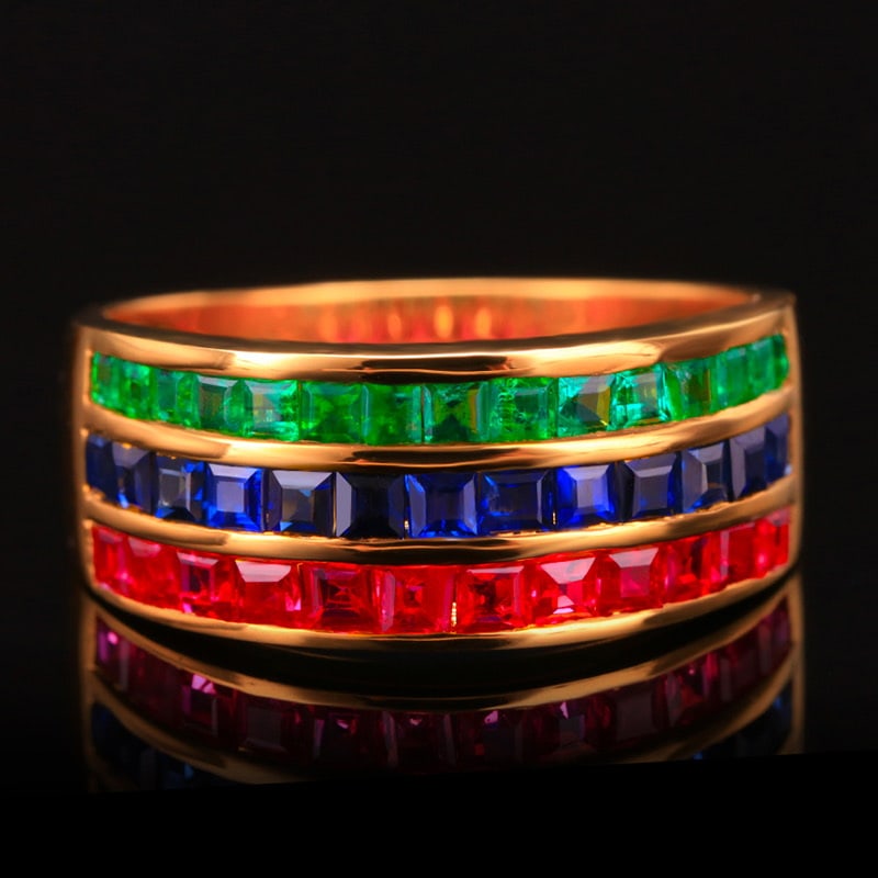 14k Gold 3.45 Ct Natural Ruby & Sapphire & Emerald Ring: Ref:231020225 // gold content:14k gold // ring size:7. 25us // // main gemstone:ruby & sapphire & emerald // shape:square // carat weight:3. 45ct // color:color // treatment:natural // High Estimate: