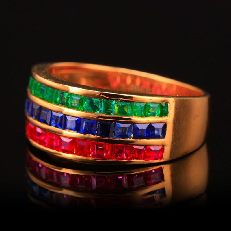 14k Gold 3.45 Ct Natural Ruby & Sapphire & Emerald Ring - 2
