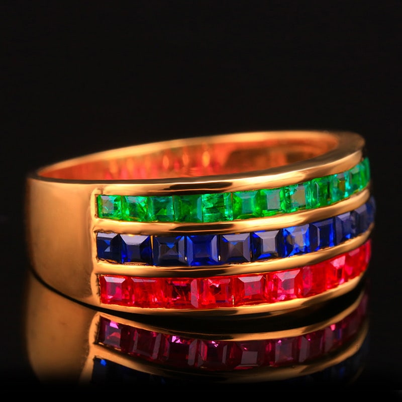 14k Gold 3.45 Ct Natural Ruby & Sapphire & Emerald Ring - 3