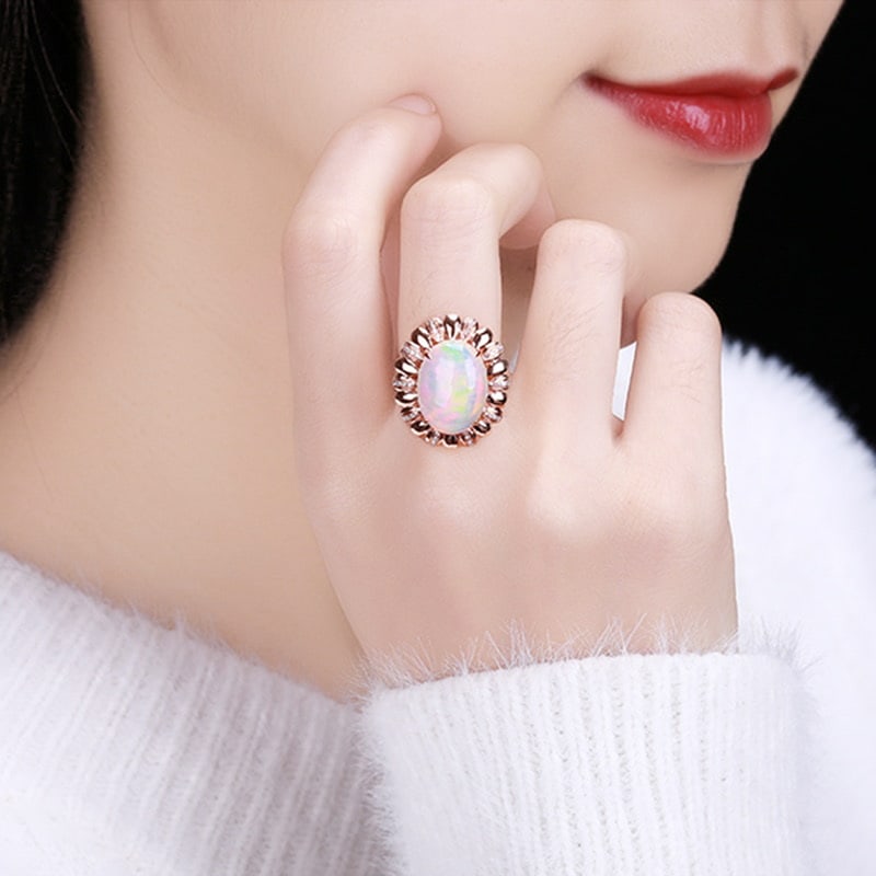 14k Gold 5.77 Ctw Natural Opal & Diamond Ring - 4