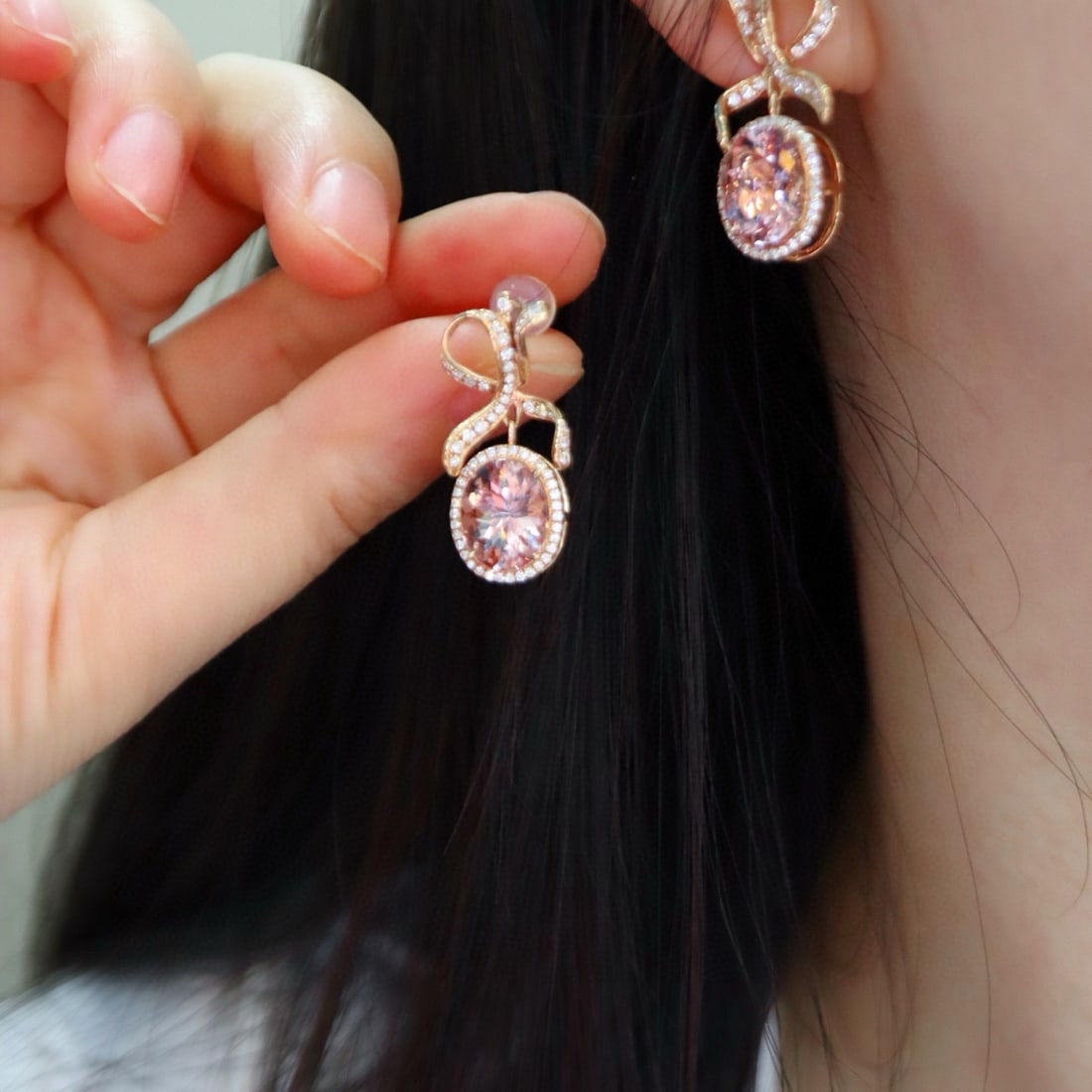 14k Gold 4.23 Ct Natural Morganite & Diamond Earrings - 2