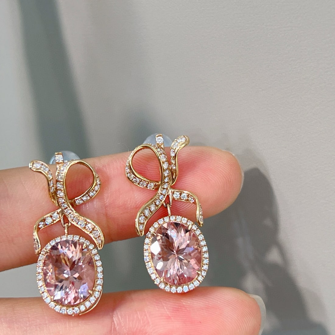 14k Gold 4.23 Ct Natural Morganite & Diamond Earrings - 4