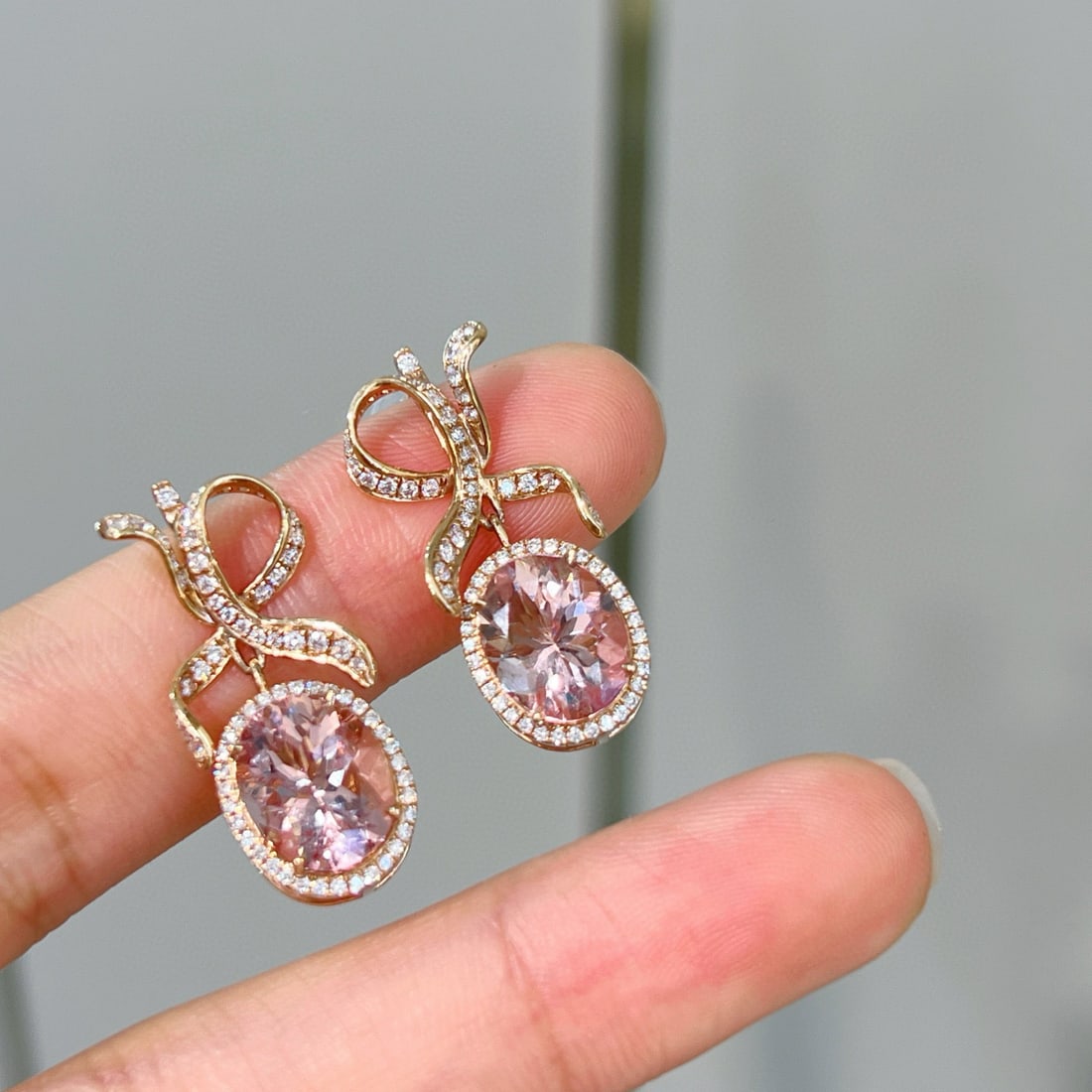 14k Gold 4.23 Ct Natural Morganite & Diamond Earrings - 5