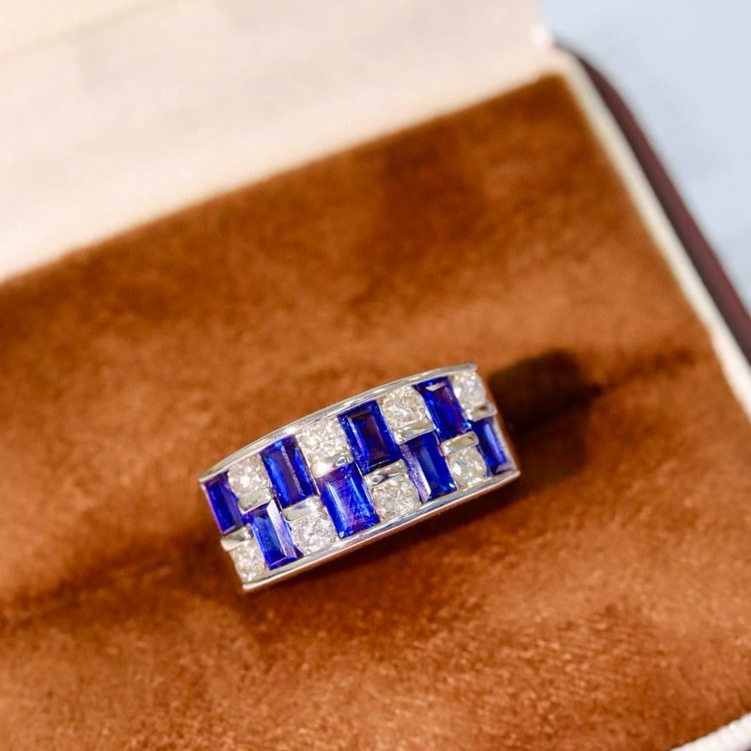 14k Gold 2.66 Ctw Natural Sapphire & Diamond Ring: Ref:231020237 // gold content:14k gold // ring size:7. 25us // // main gemstone:sapphire // shape:rectangle // carat weight:1. 7ct // color:blue // treatment:natural // // adjacent gemstone 2 :