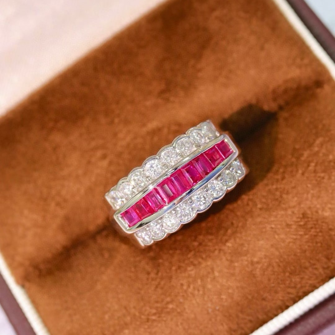 14k Gold 1.77 Ctw Natural Ruby & Diamond Ring: Ref:231020240 // gold content:14k gold // ring size:7. 25us // // main gemstone:ruby // shape:rectangle // carat weight:1. 02ct // color:red // treatment:natural // // adjacent gemstone 2 : diamond