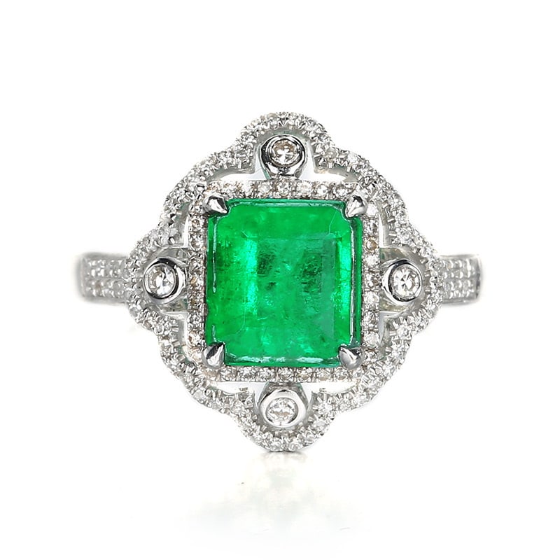 14k Gold 1.8 Ct Vivid Green Natural Emerald & Diamond Ring - 4