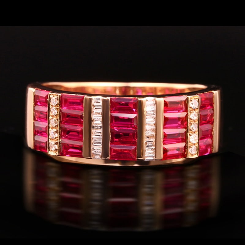 14k Gold 1.45 Ct Natural Ruby & Diamond Ring: Ref:231020270 // gold content:14k gold // ring size:7. 25us // // main gemstone:ruby // shape:rectangle // carat weight:1. 45ct // color:red // treatment:natural // // adjacent gemstone 2 : diamond