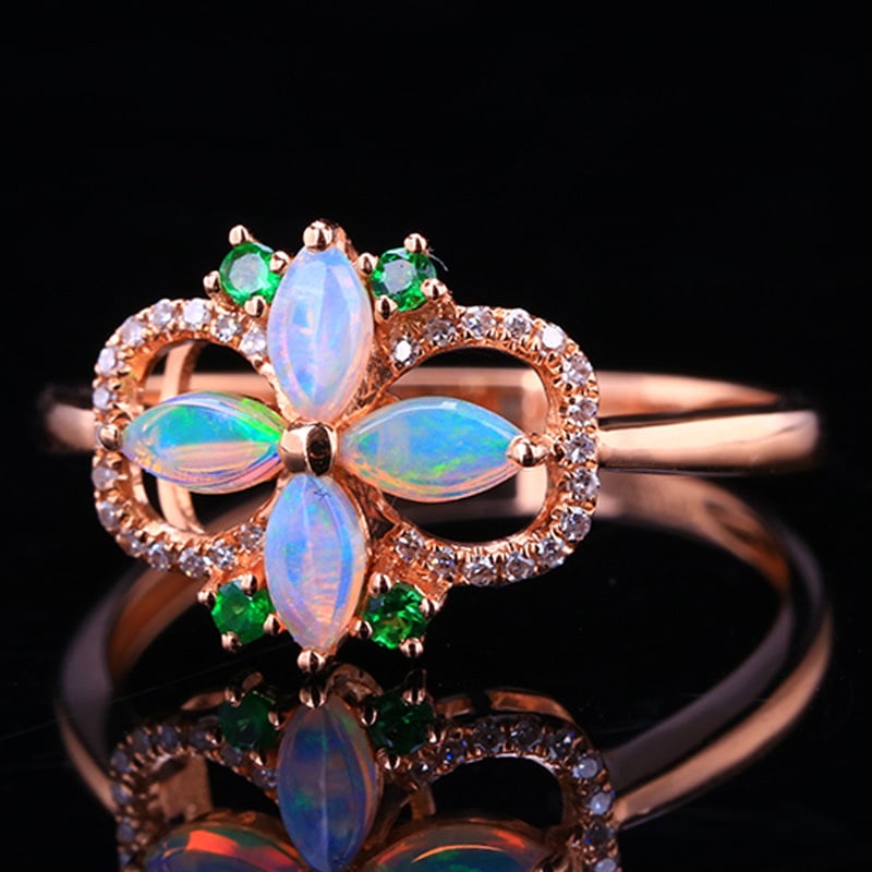 14k Gold 0.42 Ctw Natural Opal & Diamond Ring - 2