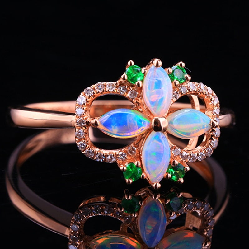 14k Gold 0.42 Ctw Natural Opal & Diamond Ring - 3