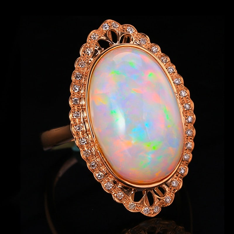 14k Gold 11.19 Ctw Natural Opal & Diamond Ring - 4