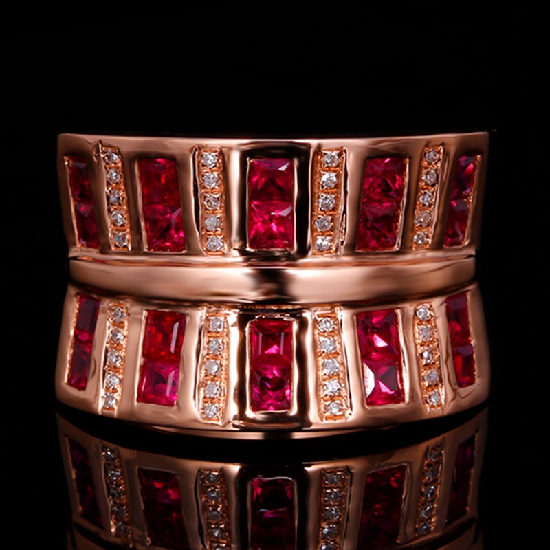 14k Gold 2.72 Ctw Natural Ruby & Diamond Ring: Ref:231020291 // gold content:14k gold // ring size:7. 25us // // main gemstone:ruby // shape:princess // carat weight:2. 6ct // color:red // treatment:natural // // adjacent gemstone 2 : diamond // s