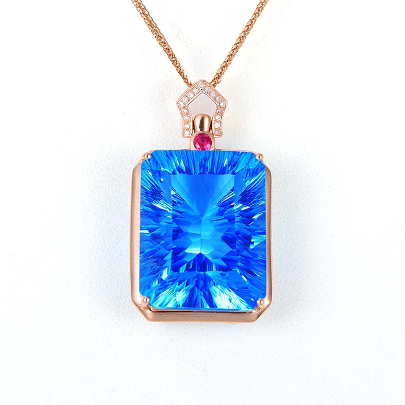 14k Gold 28.19 Ct Natural Topaz & Diamond & Ruby Pendant( Without Chain ): Ref:231020302 // gold content:14k gold // main gemstone:topaz // shape:octagonal // carat weight:28. 19ct // color:blue // treatment:natural // // adjacent gemstone 2 : diamond // shape:round // clari
