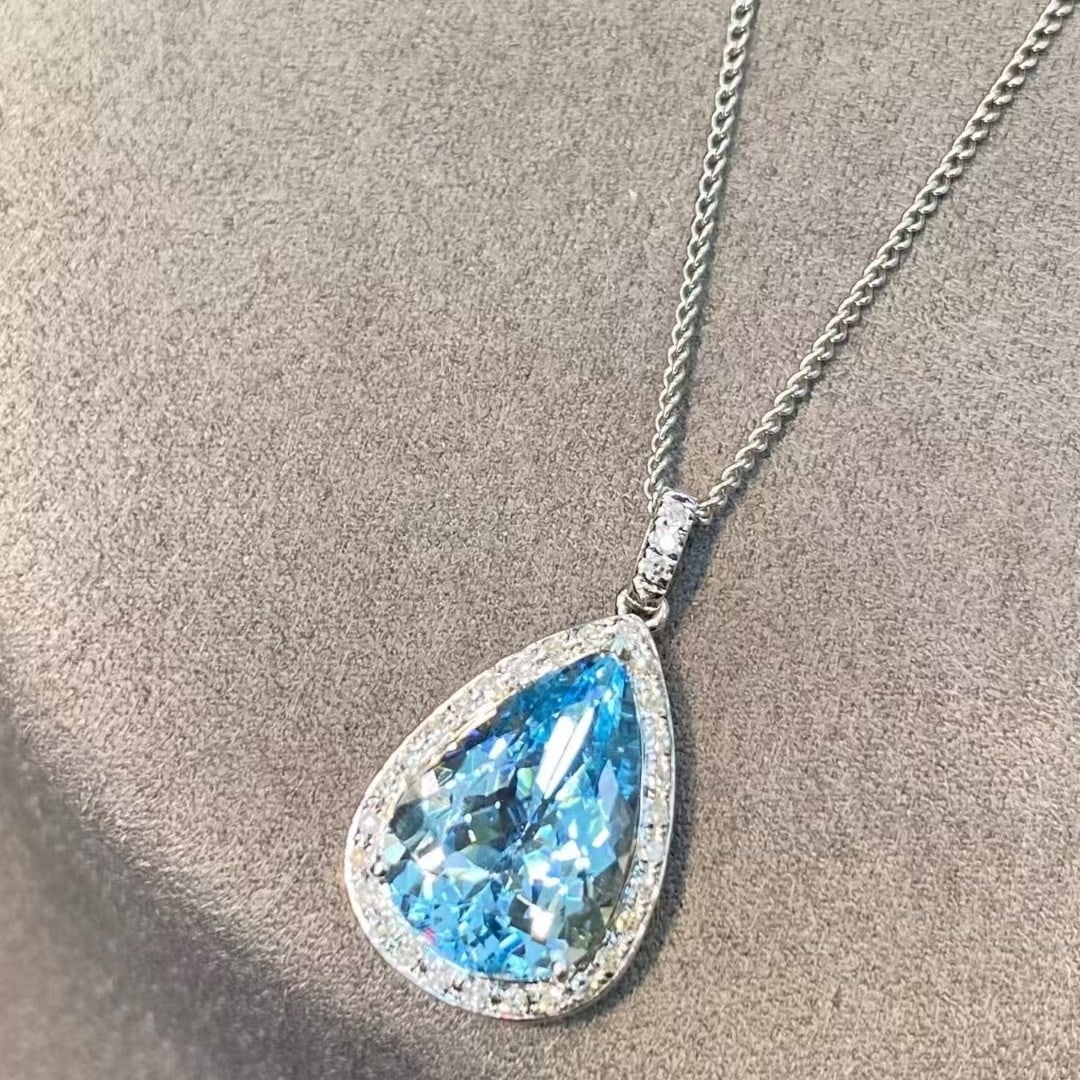 14k Gold 2.85 Ct Natural Aquamarine & Diamond Necklace - 3