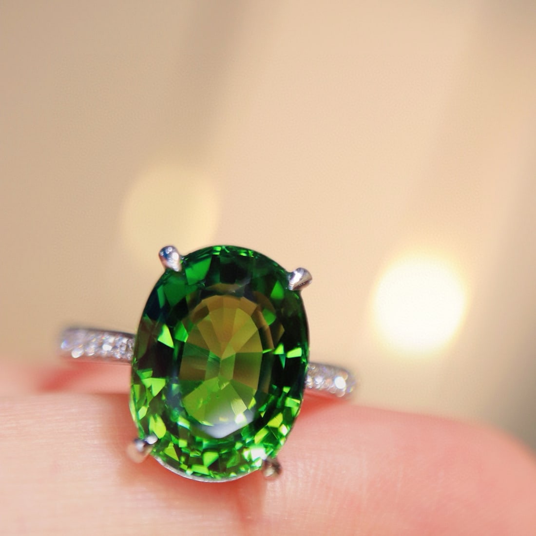 14k Gold 6.37 Ctw Natural Tourmaline & Diamond Ring: Ref:231020322 // gold content:14k gold // ring size:7. 25us // // main gemstone:tourmaline // shape:oval // carat weight:6. 20ct // color:green // treatment:natural // // adjacent gemstone 2 :