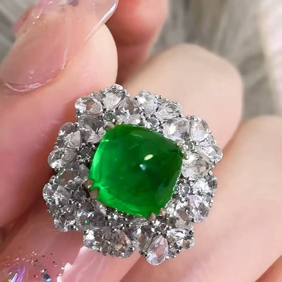 14k Gold 3 Ct Vivid Green Natural Emerald & Sapphire Ring - 3
