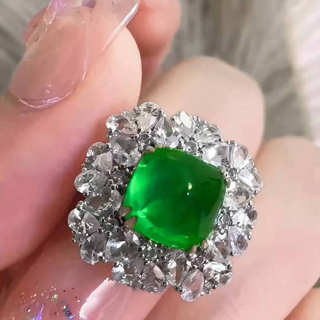 14k Gold 3 Ct Vivid Green Natural Emerald & Sapphire Ring - 4