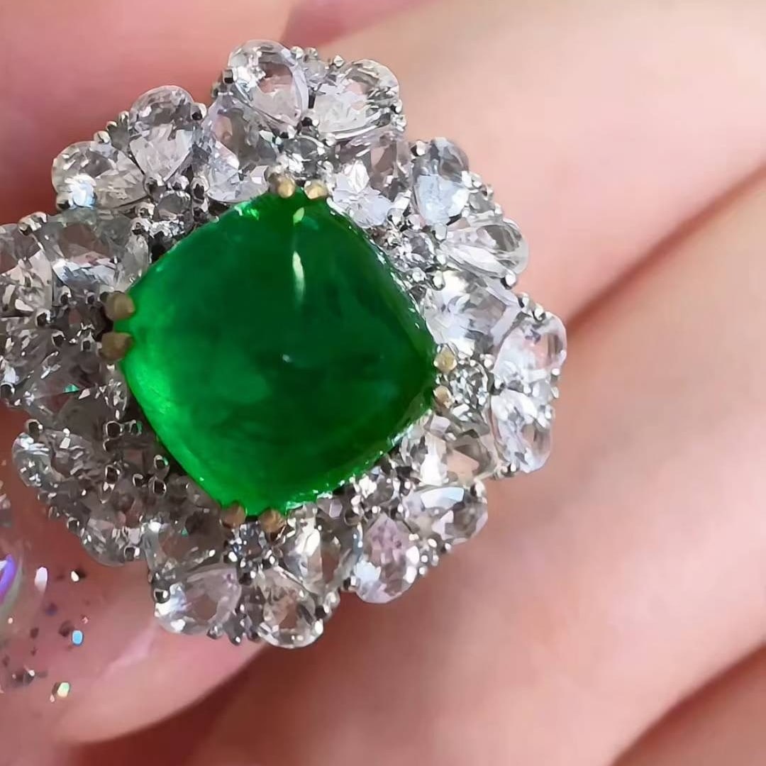 14k Gold 3 Ct Vivid Green Natural Emerald & Sapphire Ring - 5