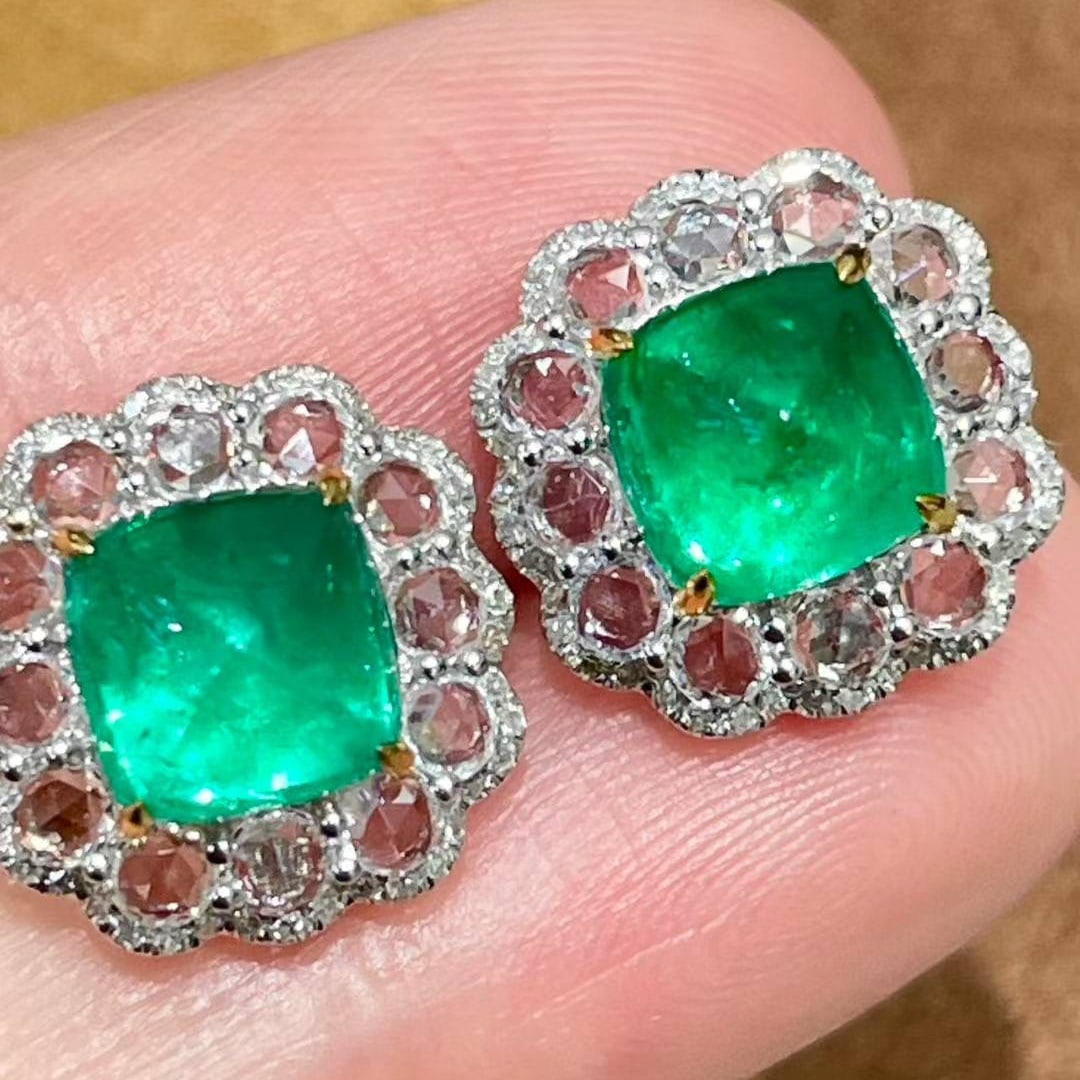 14k Gold 3.23 Ct Vivid Green Natural Emerald & Sapphire & Diamond Earrings - 5