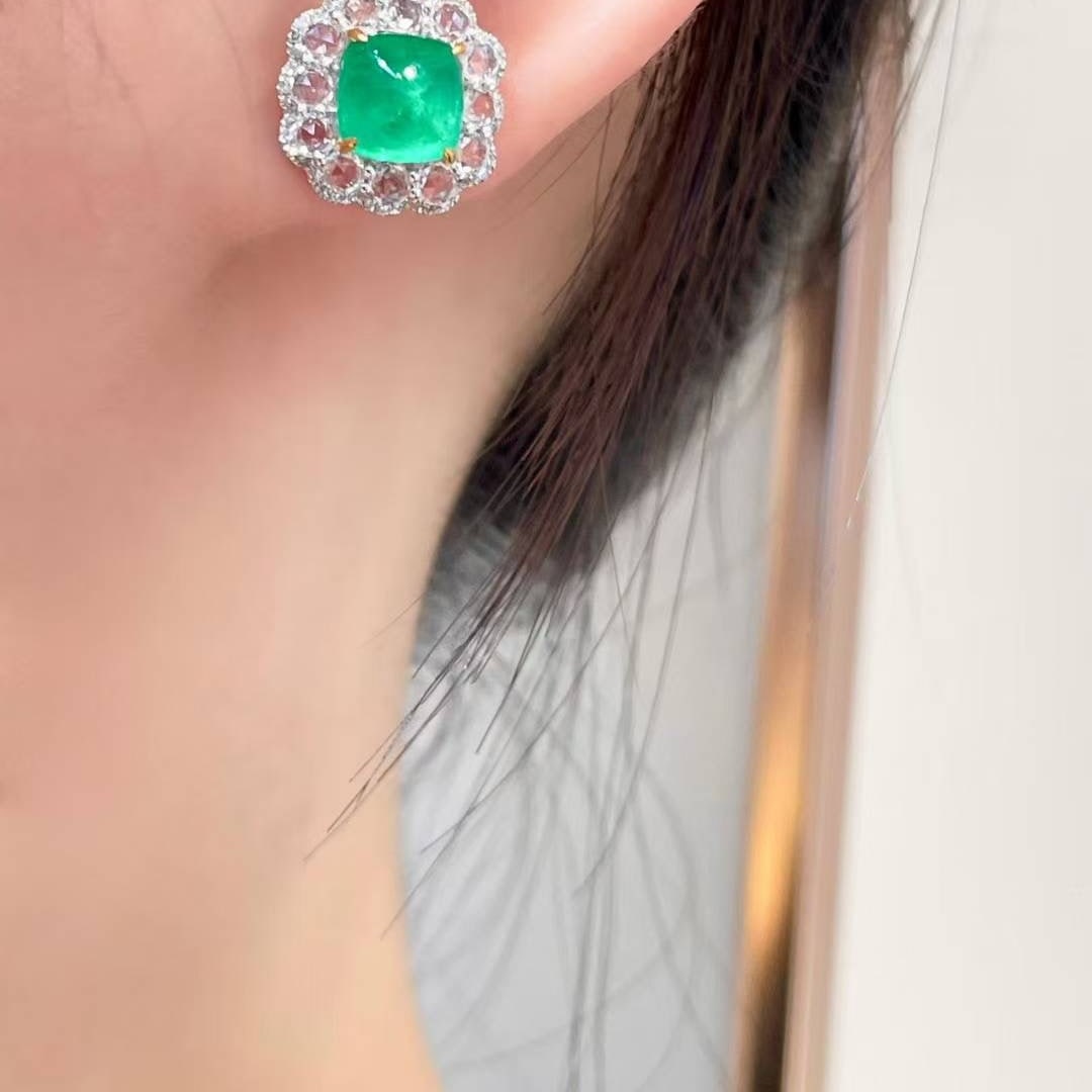 14k Gold 3.23 Ct Vivid Green Natural Emerald & Sapphire & Diamond Earrings - 6