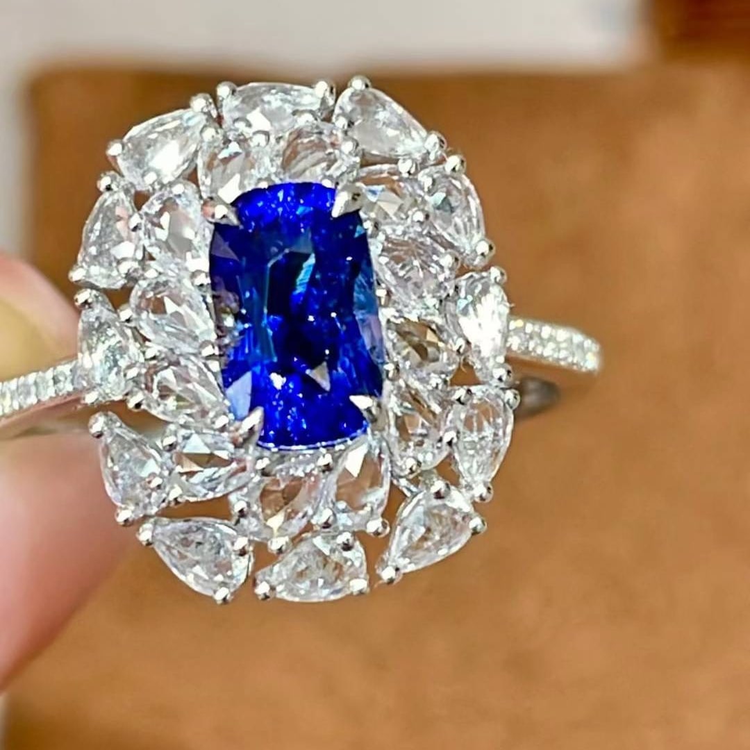 14k Gold 1.12 Ct Natural Sapphire & Sapphire & Diamond Ring: Ref:231020328 // gold content:14k gold // ring size:7. 25us // // main gemstone:sapphire // shape:cushion // carat weight:1. 12ct // color:royal blue // treatment:natural // // adjacent gemstone 2 :