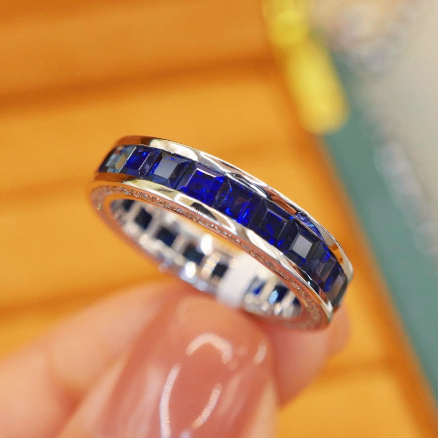 14k Gold 6.11 Ctw Natural Sapphire & Diamond Ring: Ref:231020339 // gold content:14k gold // ring size:7. 25us // // main gemstone:sapphire // shape:square // carat weight:5. 76ct // color:royal blue // treatment:natural // // adjacent gemstone 2 :