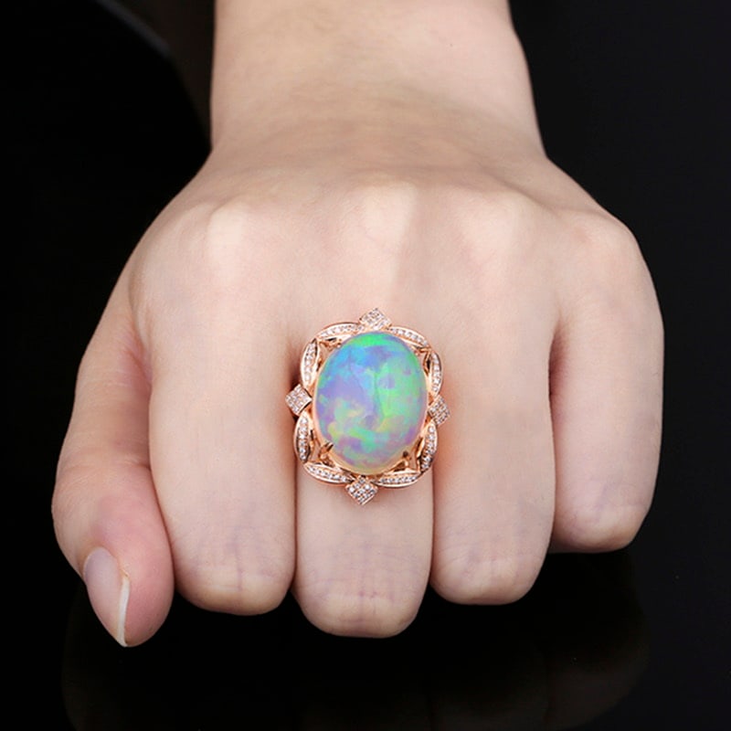 14k Gold 14.45 Ctw Natural Opal & Diamond Ring - 4