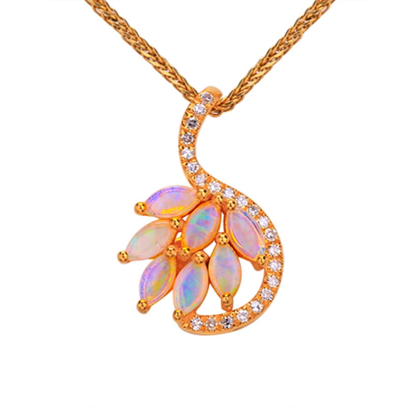 14k Gold 0.3 Ct Natural Opal & Diamond Pendant( Without Chain ) - 2