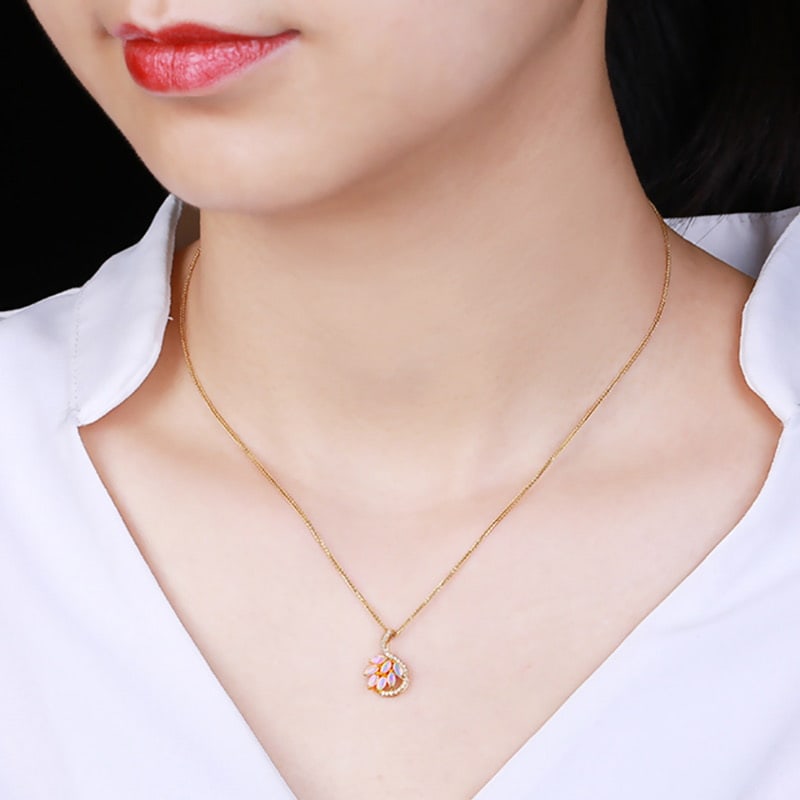 14k Gold 0.3 Ct Natural Opal & Diamond Pendant( Without Chain ) - 5