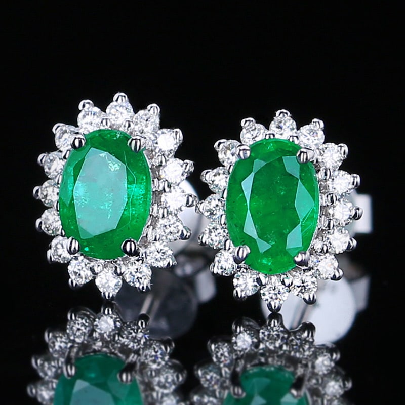 14k Gold 1.1 Ct Vivid Green Natural Emerald & Diamond Earrings - 2