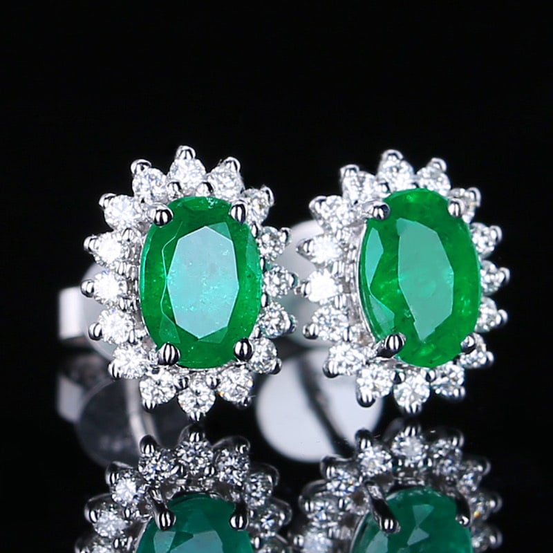 14k Gold 1.1 Ct Vivid Green Natural Emerald & Diamond Earrings - 3