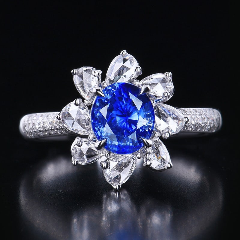 14k Gold 1.94 Ct Natural Sapphire & Diamond Ring: Ref:231020365 // gold content:14k gold // ring size:7. 25us // // main gemstone:sapphire // shape:oval // carat weight:1. 94ct // color:royal blue // treatment:natural // // adjacent gemstone 2 :
