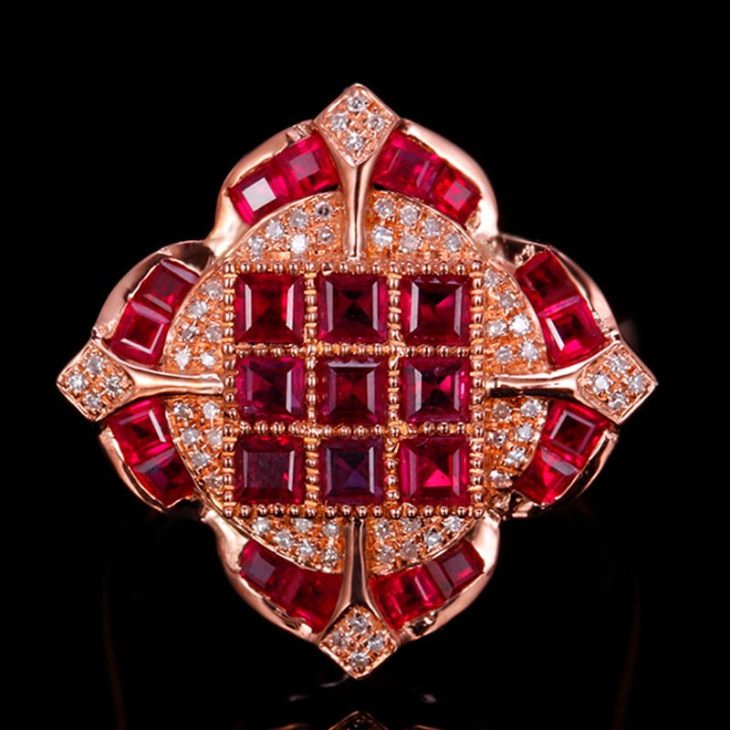 14k Gold 3.44 Ctw Natural Ruby & Diamond Ring: Ref:231020395 // gold content:14k gold // ring size:7. 25us // // main gemstone:ruby // shape:square // carat weight:3. 25ct // color:red // treatment:natural // // adjacent gemstone 2 : diamond //