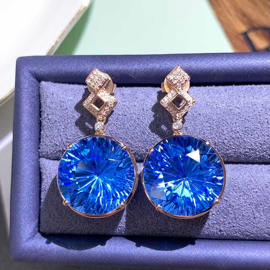 14k Gold 19 Ct Natural Topaz & Diamond Earrings - 3