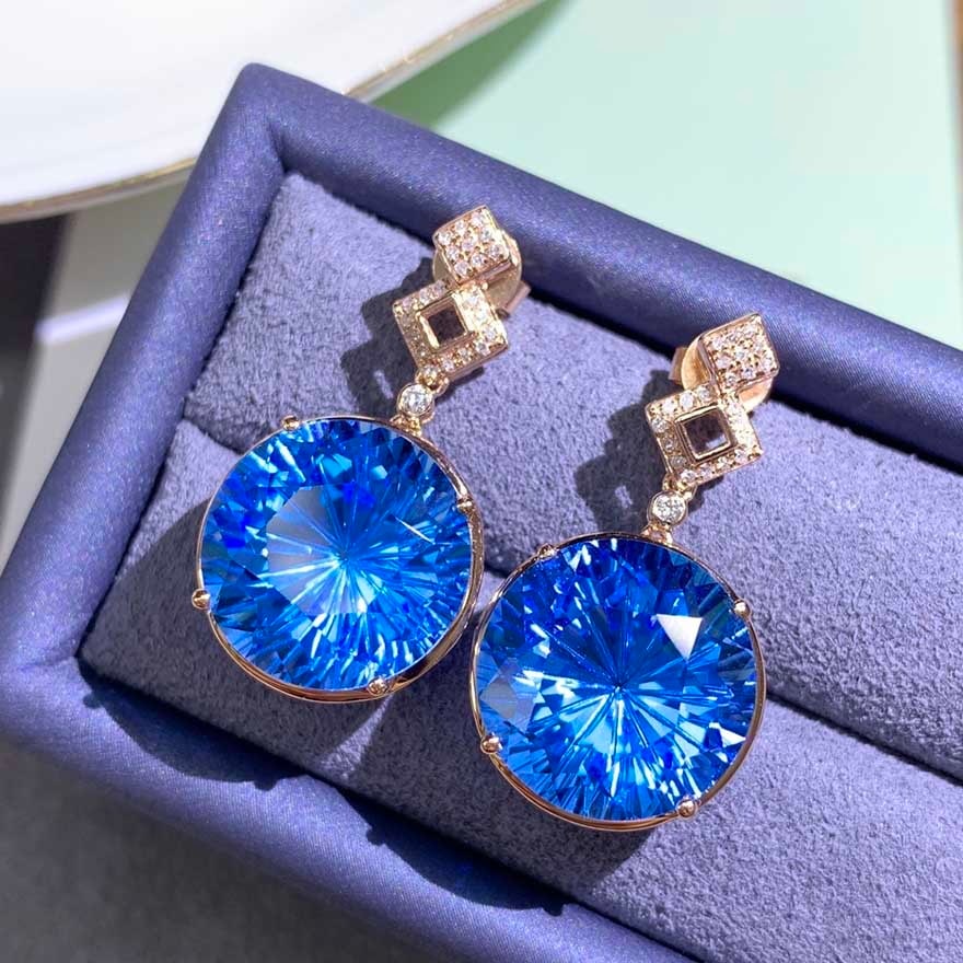 14k Gold 19 Ct Natural Topaz & Diamond Earrings - 4