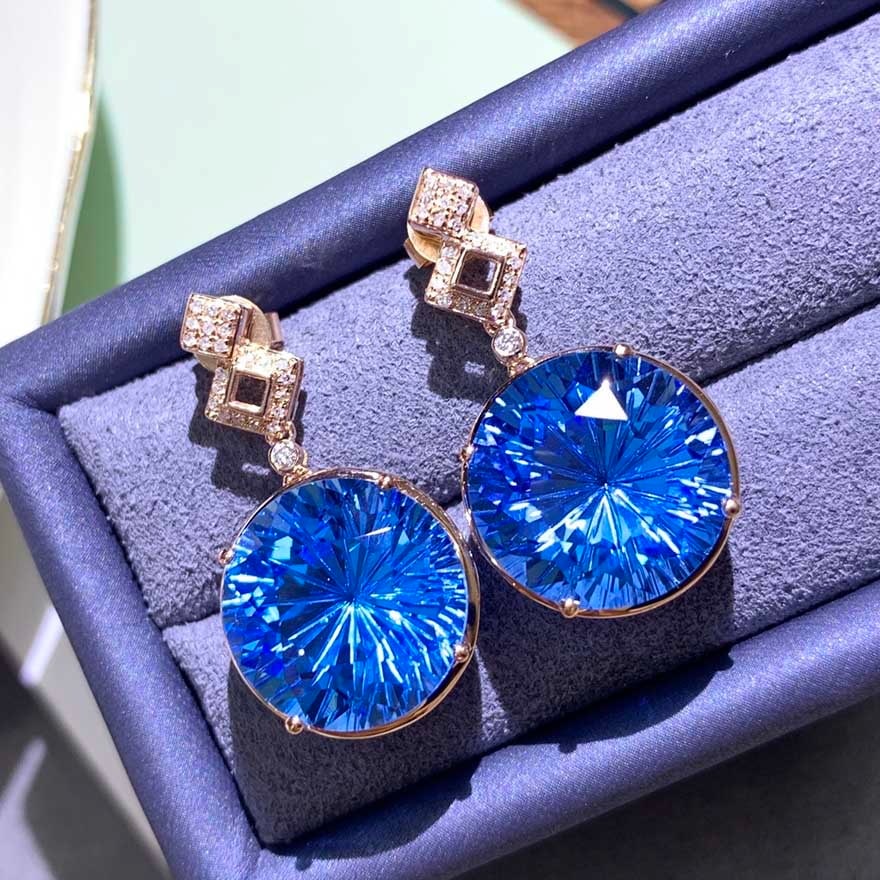 14k Gold 19 Ct Natural Topaz & Diamond Earrings - 5