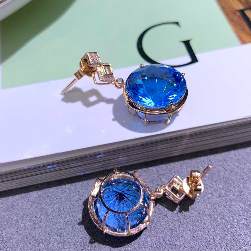 14k Gold 19 Ct Natural Topaz & Diamond Earrings - 6