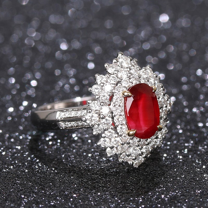 14k Gold 1.65 Ct Natural Ruby & Diamond Ring: Ref:231020401 // gold content:14k gold // ring size:7. 25us // // main gemstone:ruby // shape:oval // carat weight:1. 65ct // color:pigeonblood red // treatment:natural // // adjacent gemstone 2 :