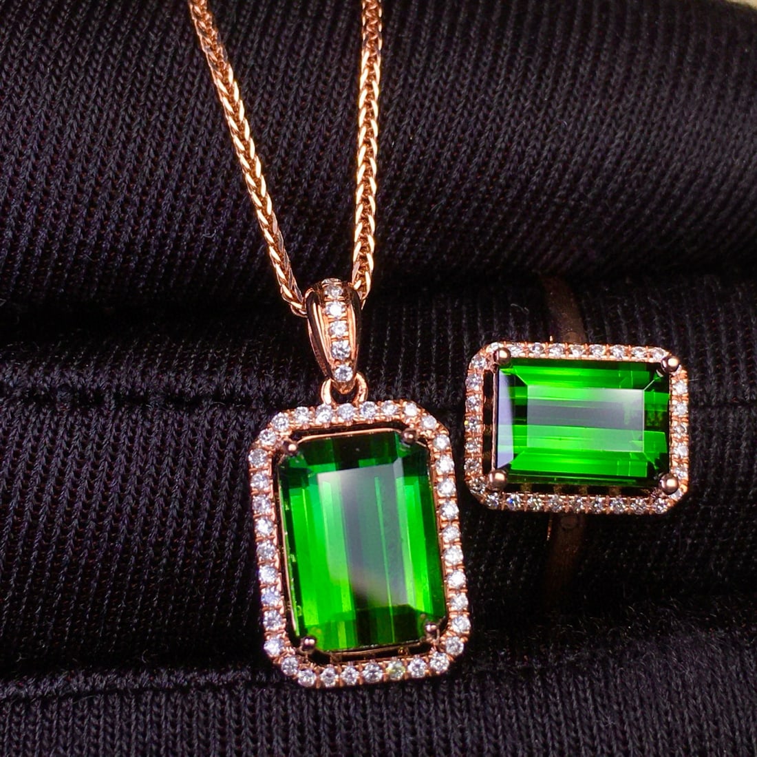 14k Gold 4.86 Ct Natural Tourmaline & Diamond Jewelry Set - 6