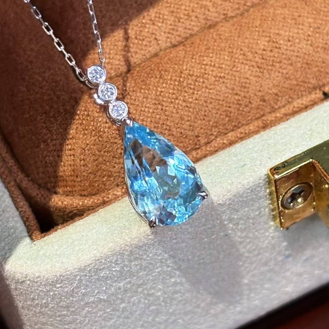14k Gold 3.75 Ct Natural Aquamarine & Diamond Pendant( Without Chain ) - 6