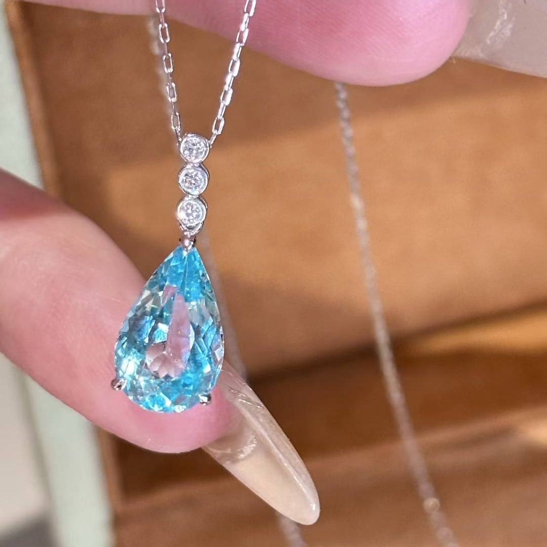 14k Gold 3.75 Ct Natural Aquamarine & Diamond Pendant( Without Chain ) - 7