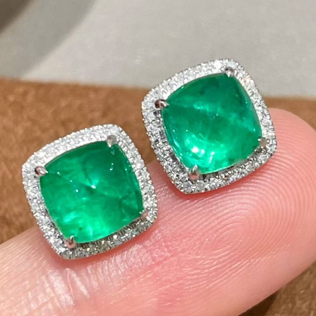 14k Gold 2.7 Ct Vivid Green Natural Emerald & Diamond Earrings - 2