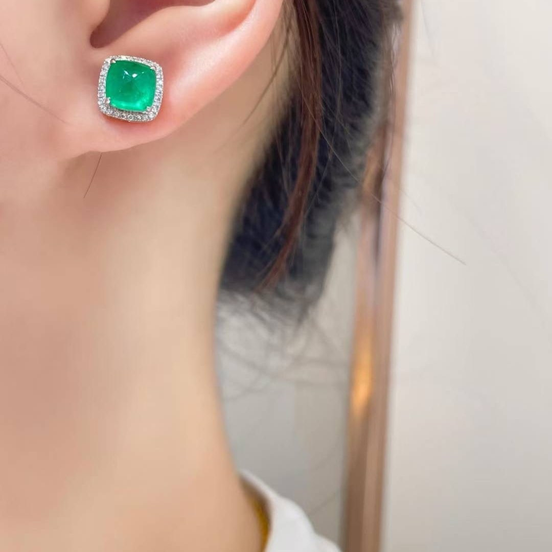 14k Gold 2.7 Ct Vivid Green Natural Emerald & Diamond Earrings - 5