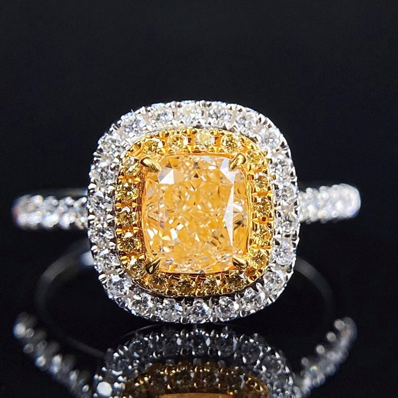 14k Gold 1.00 Ct Natural Yellow Diamond & Diamond Ring: Ref:231020429 // gold content:14k gold // ring size:7. 25us // // main gemstone:yellow diamond // shape:cushion // carat weight:1. 00ct // color:yellow // treatment:natural // // adjacent gemstone 2 :