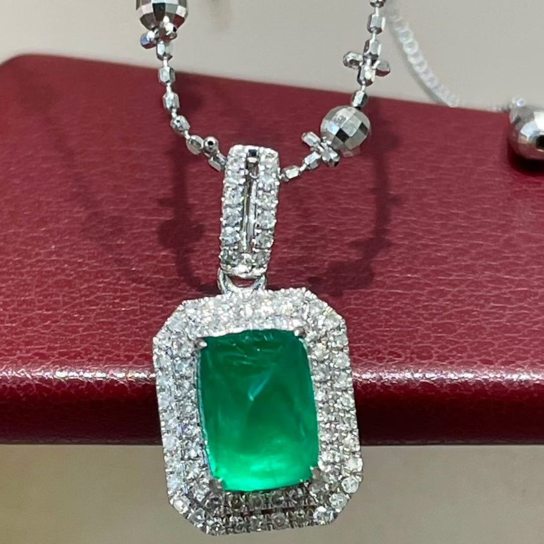 14k Gold 1.5 Ct Vivid Green Natural Emerald & Diamond Pendant( Without Chain ) - 5