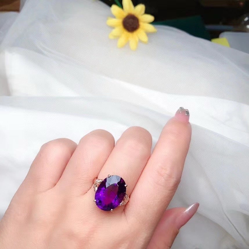 14k Gold 9.15 Ct Natural Amethyst & Diamond Ring - 2