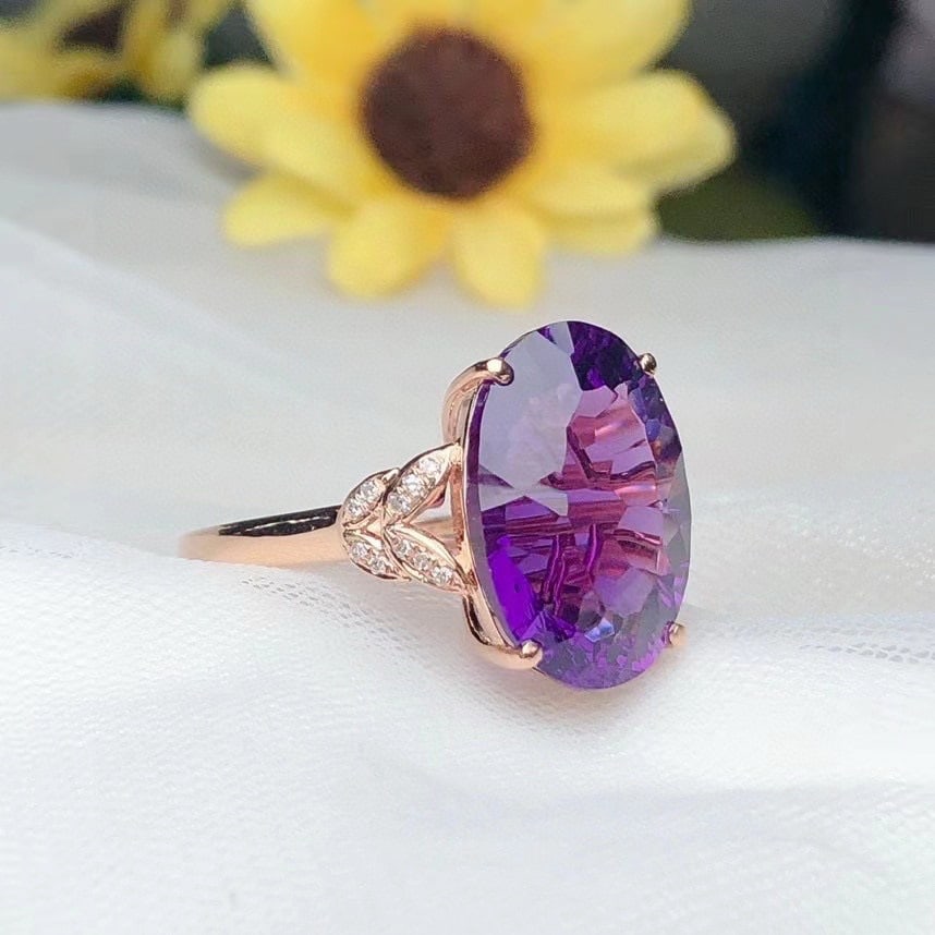 14k Gold 9.15 Ct Natural Amethyst & Diamond Ring - 3